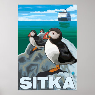 Poster Macareux et bateau de croisière - Sitka, Alaska