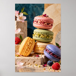 Poster Macarons français colorés avec des fleurs et des b