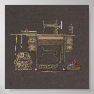 Poster Machine à coudre et chatons