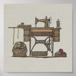 Poster Machine à coudre et chatons