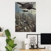 Poster Machine volante au-dessus d'un Dieselpunk ci| AI A (Bureau à domicile)