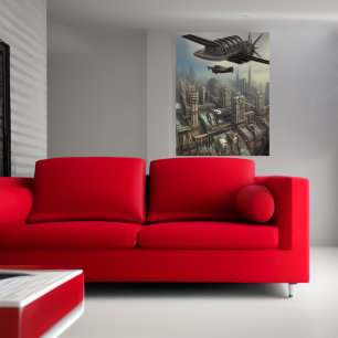 Poster Machine volante au-dessus d'un Dieselpunk ci AI A