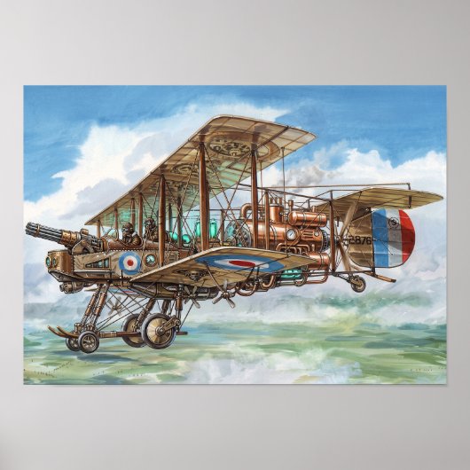 Poster Machine volante biplan Steampunk Vickers (Devant)