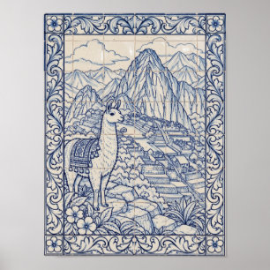 Poster Machu Picchu Lama Bleu Art Azulejo Portugais