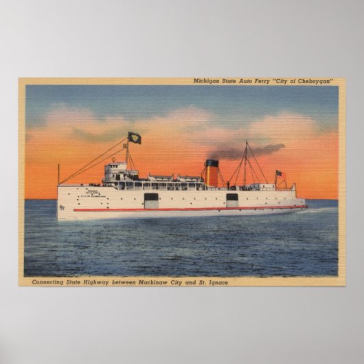 Poster Mackinaw City, MI - Vue de la ville de Cheboygan (Devant)