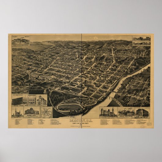 Poster Macon Georgia 1887 Antique Carte Panoramique (Devant)