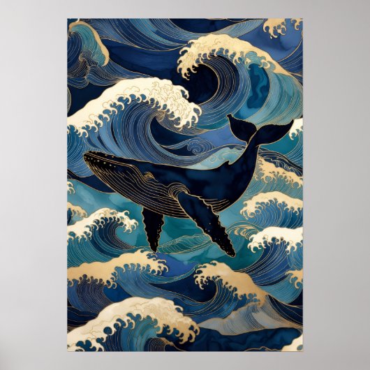 Poster Madagascar Ocean Whale - Blue & Gold Waves | (Devant)