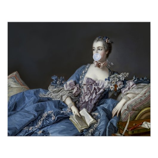 Poster Madame de Pompadour soufflant un chewing-gum bleu (Devant)