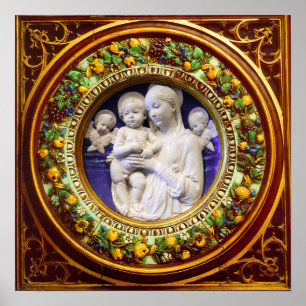 POSTER MADONE AVEC ENFANT,ANGES RENAISSANCE COURONNE FLOR