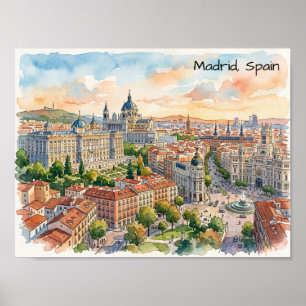 Poster Madrid Espagne Peinture à l'aquarelle Architecture