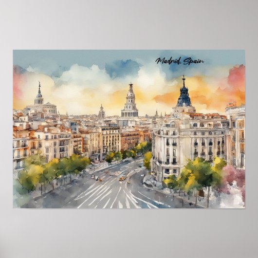 Poster Madrid Espagne Ville Silhouette Aquarelle Peinture (Devant)