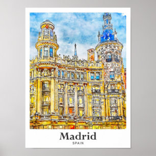 Poster Madrid Espagne Voyage Aquarelle main tiré