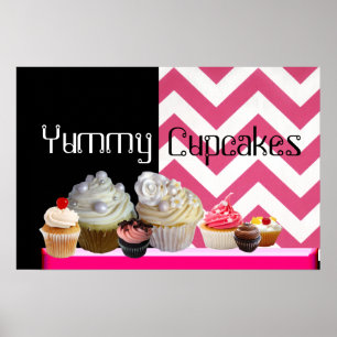 POSTER MAGASIN DE CUPCAKES DÉLICIEUX / CHEVRON BLANC ROSE