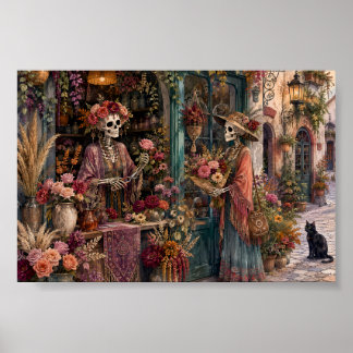 Poster Magasin de Fleurs Squelette Gothique, Floriste Whi