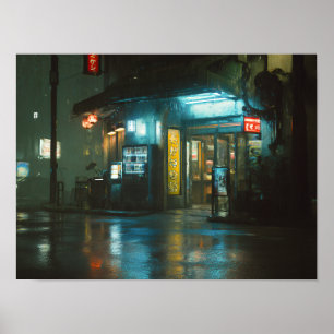 Poster Magasin Japonais Neon sous la Pluie