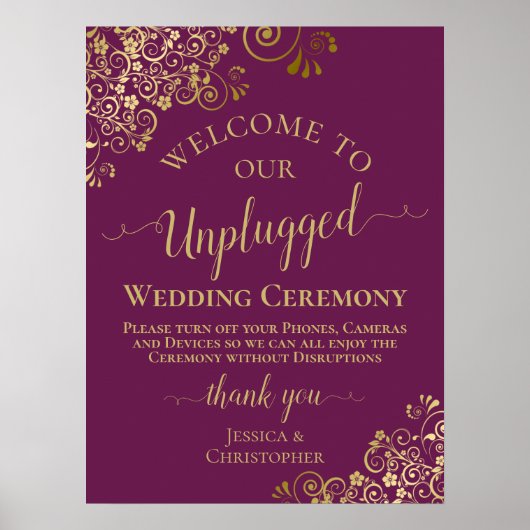 Poster Magenta & Gold Stylish Unplugged Mariage Ceremony (Devant)