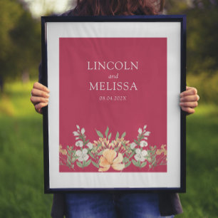 Poster Magenta, Pêche et blanc Mariage Floral Couple
