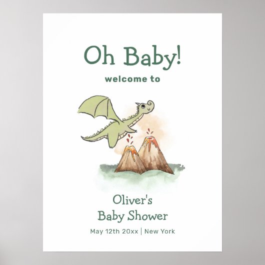 Poster Magic Dragon Mountain Boy Baby shower Bienvenue (Devant)
