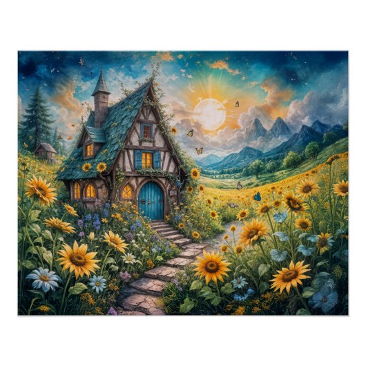 Poster Magical Cottage avec Sunflower Field (Devant)