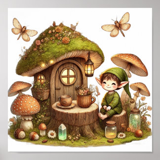 Poster Magical Cottagecore Mushroom House & Forest Goblin