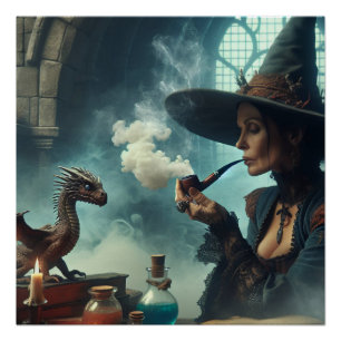 Poster Magicien Sorcière Dragon Fantasy Art