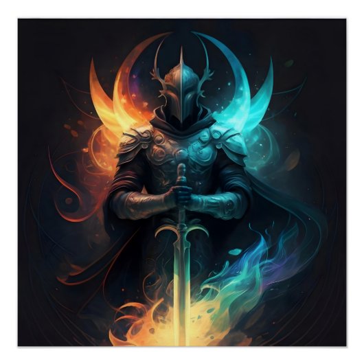 Poster Magie elfe : Chevalier avec épée enchantée (Devant)