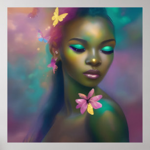 Poster Magique Africain Arc en Ciel Papillon Girl 