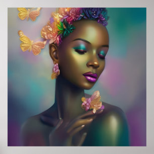 Poster Magique Africaine Arc-en-ciel femme papillon