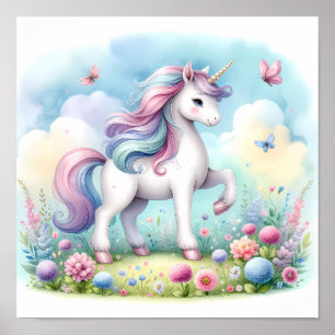 Poster Magique Cute Kawaii Unicorn Floral