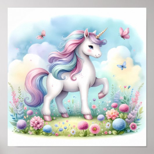 Poster Magique Cute Kawaii Unicorn Floral (Devant)