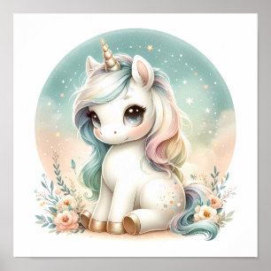 Poster Magique Cute Kawaii Unicorn Floral Nursery Kids