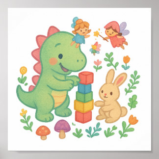 Poster Magique Dino & Bunny - Cute Fairy Tale Amis Pos