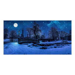 Poster Magique nuit d'hiver avec ciel étoilé et pleine lu