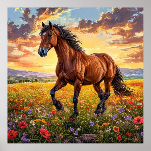 Poster Magnifique cheval brun en course (Devant)