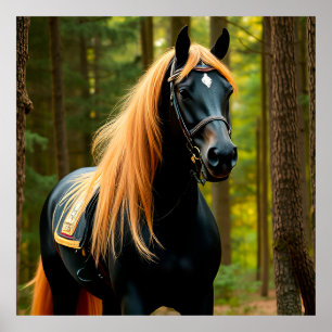 Poster Magnifique cheval noir à la crinière flottante