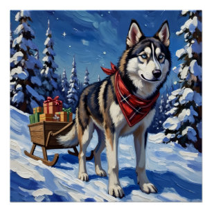 Poster Magnifique Husky Sibérien Tirant un Traîneau de No