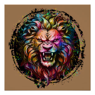 POSTER MAGNIFIQUE RUGISSEMENT DE LION ABSTRAIT GÉOMÉTRIQU