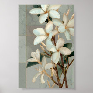 Poster Magnolia blanc motif floral ligne or marbre