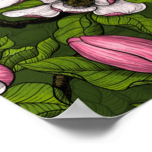Poster Magnolia en floraison sur vert foncé (Coin)