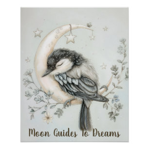 Poster Magpie oiseau bébé dormir sur la Lune