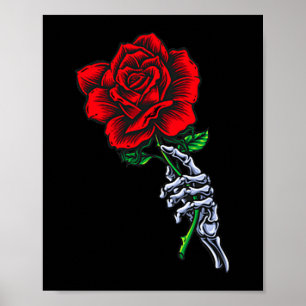 Poster Main de squelette tenant une rose _ Fleur rouge es