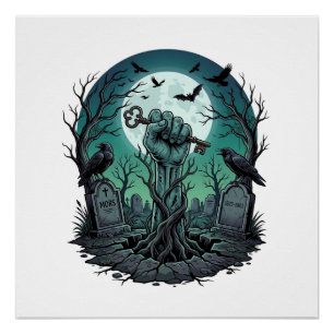 Poster Main de Zombie Mors Clé de Squelette Pierres Tomba