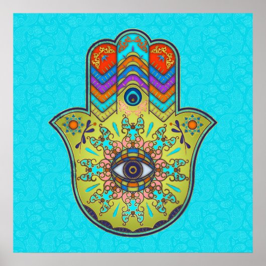Poster Main Hamsa colorée avec cachemire (Devant)