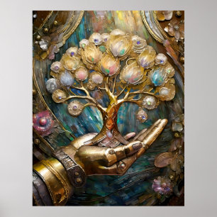 Poster Main Robot D'Or Tenant Arbre De Vie D'Or