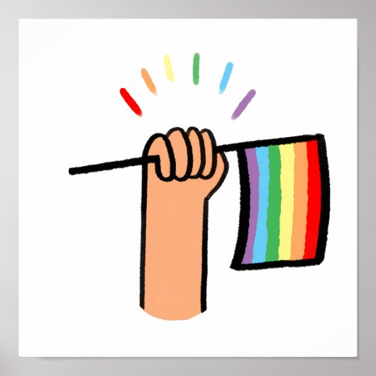 Poster Main tirée main agitant un drapeau arc en ciel (Devant)
