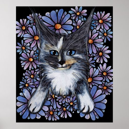 Poster Maine Coon Dilute Calico Cat Purple Daisy (Devant)