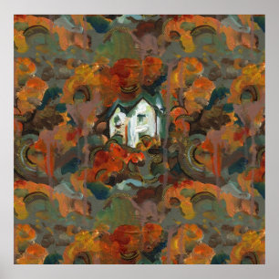 Poster Maison Blanche et arbres d'automne