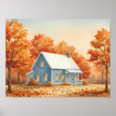 Poster Maison Bleue Rustique dans la forêt d'automne aqua (Devant)