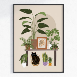 Poster Maison Cosy Moderne Amateur de Plantes Chat Noir E