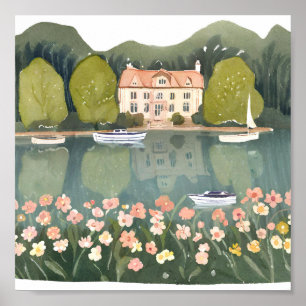 Poster Maison dans les montagnes au bord du lac